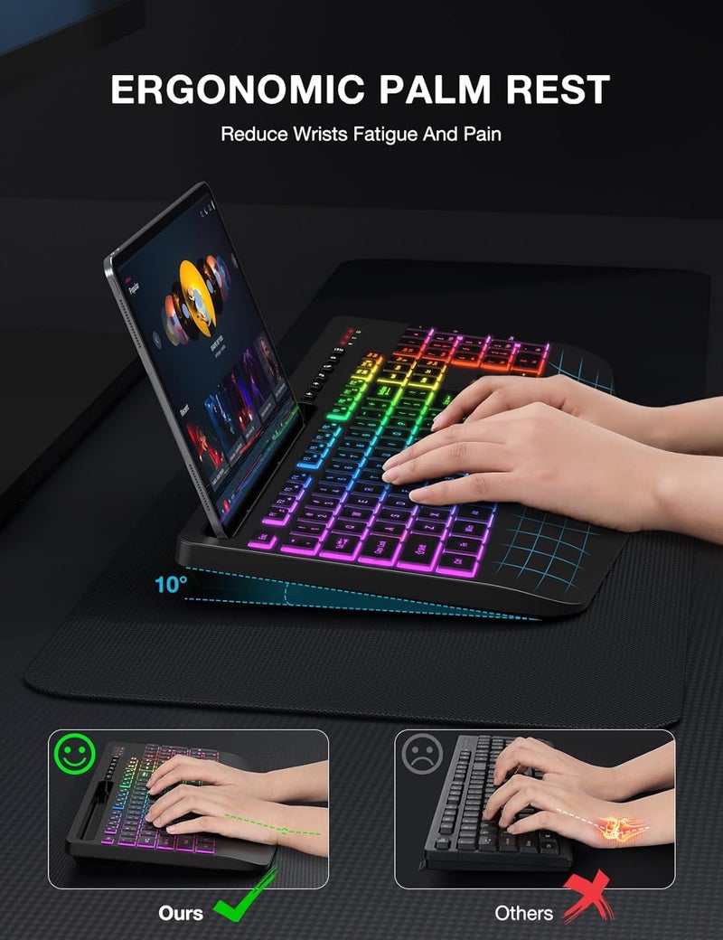 SABLUTE Wireless Keyboard with 9 Effects Backlits, Wrist Rest, Phone Holder, Rechargeable Ergonomic Computer Keyboard with Silent Keys, 2.4G Lag-Free Cordless Set for PC, Laptop, Windows, Mac (Keyboard Only) - Image 2